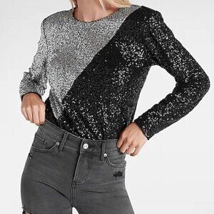 NWT Express Color Block Sequin Strong Shoulder Thong Bodysuit sz XXS
